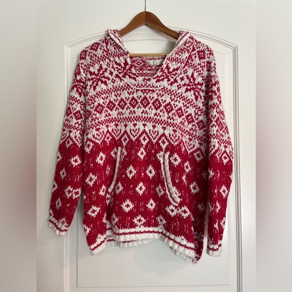 Pink Rose Hippie Red & White Fair Isle Hooded Sweater